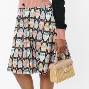 Unique Vintage Plus Size Multicolor Owl Hoot Print Swing Skirt